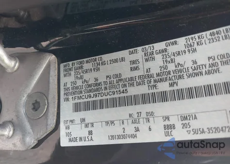 2013 Ford Escape Titanium из США, поврежденный, VIN 1FMCU9J97DUC91545